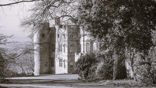 A photograph of the castle looking eerie in black and white